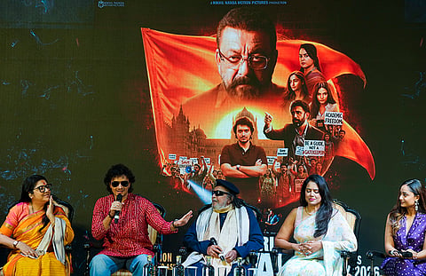 Actor Namashi Chakraborty addresses the press conference of his upcoming film ‘Aakhri Sawal’, in Kolkata, West Bengal. Actor and BJP leader Mithun Chakraborty, party leader Locket Chatterjee and actors and casts of the film Tridha Choudhury and Sameera Reddy are also present. 