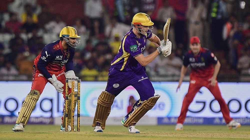 Kolkata Knight Riders' Cameron Green plays a shot during the Indian Premier League cricket match between Royal Challengers Bengaluru and Kolkata Knight Riders in Raipur, India. - | Photo: AP/Abhijit Addya