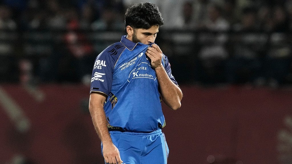 Mumbai Indians' Shardul Thakur reacts after taking the wicket of Punjab Kings' captain Shreyas Iyer during the Indian Premier League cricket match between Punjab Kings and Mumbai Indians in Dharamshala, India, Thursday, May 14, 2026. - AP Photo/Ashwini Bhatia