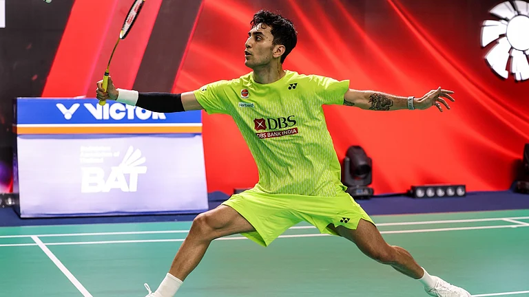 Lakshya Sen in action during Thailand Open 2026 Round of 16 clash. - BAI_Media/X