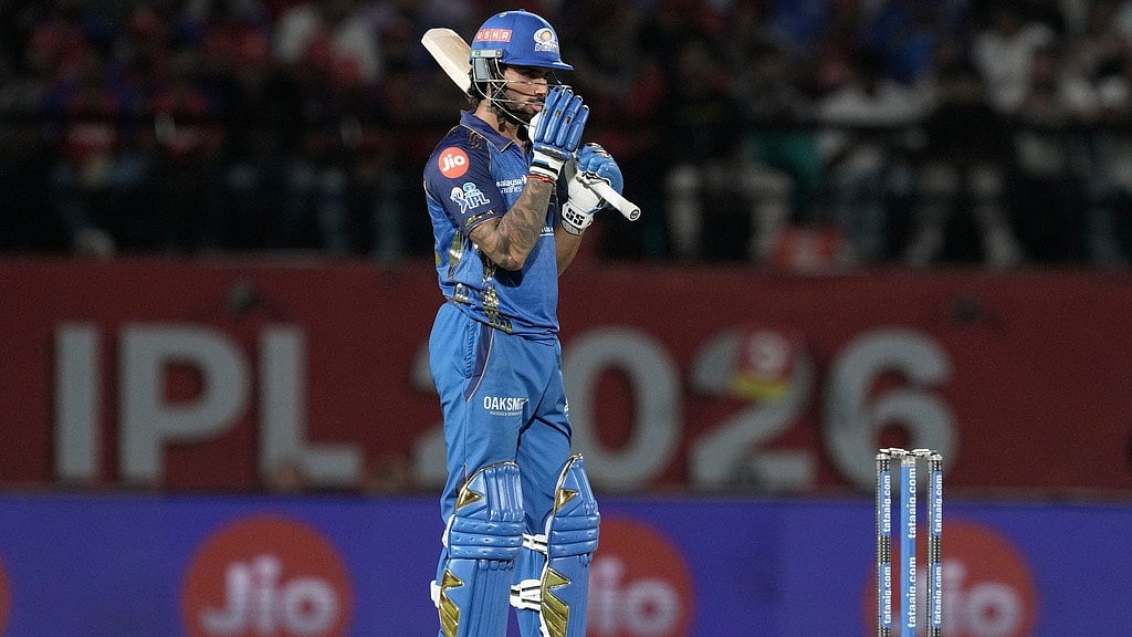 Mumbai Indians' Tilak Varma waits to face the next delivery during the Indian Premier League cricket match between Punjab Kings and Mumbai Indians in Dharamshala, India, Thursday, May 14, 2026.  - AP Photo/Ashwini Bhatia