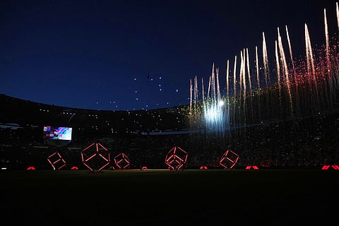 Fireworks go off at the stadium ahead of the Italian Cup soccer final between Lazio and Inter Milan, in Rome.