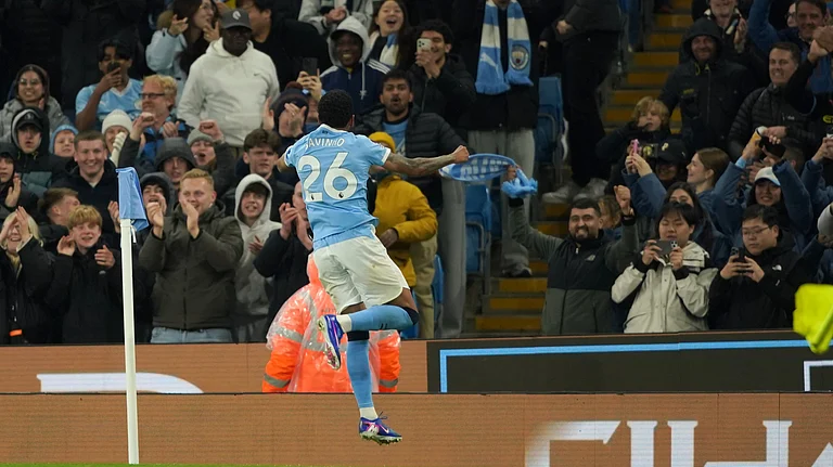Manchester City's Savinho celebrates after scoring his side's third goal during the English Premier League soccer match between Manchester City and Crystal Palace in Manchester, England, Wednesday, May 13, 2026. - | Photo: AP/Ian Hodgson
