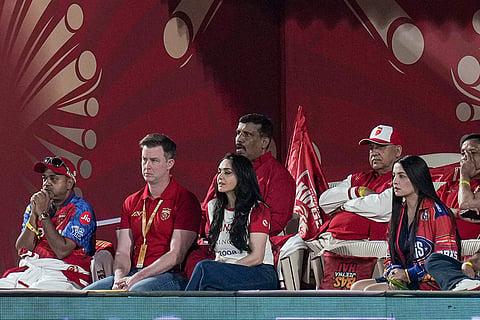 Punjab Kings' co-owner and actor Preity Zinta, centre, actor Celina Jaitly, front right, music composer Sajid Ali, left, and others during an Indian Premier League (IPL) 2026 T20 cricket match between Punjab Kings and Mumbai Indians, in Dharamshala, Himachal Pradesh.