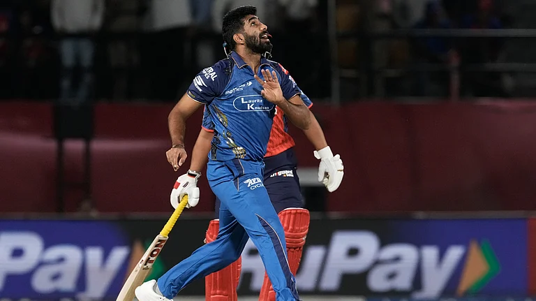 Mumbai Indians' captain Jasprit Bumrah reacts after bowling a delivery during the Indian Premier League cricket match between Punjab Kings and Mumbai Indians in Dharamshala. - AP Photo