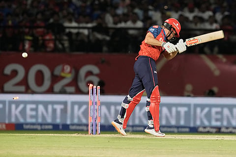 Punjab Kings' Cooper Connolly is bowled out by Mumbai Indians' Raj Angad Bawa during the Indian Premier League cricket match between Punjab Kings and Mumbai Indians in Dharamshala, India.