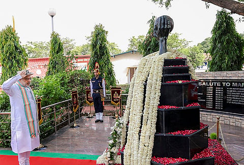 Union Home Minister Amit Shah pays tribute at the premises of the 8th Battalion of NDRF, in Ghaziabad. 