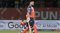 (AP Photo/Ashwini Bhatia) : Punjab Kings' Prabhsimran Singh reacts as he walks off the field after losing his wicket during the Indian Premier League cricket match between Punjab Kings and Mumbai Indians in Dharamshala, India, Thursday, May 14, 2026