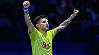 | Photo: AP/Kin Cheung : India's Lakshya Sen celebrates after winning the men's singles semifinal match against Canada's Victor Lai at the All England Open Badminton Championships in Birmingham, England.