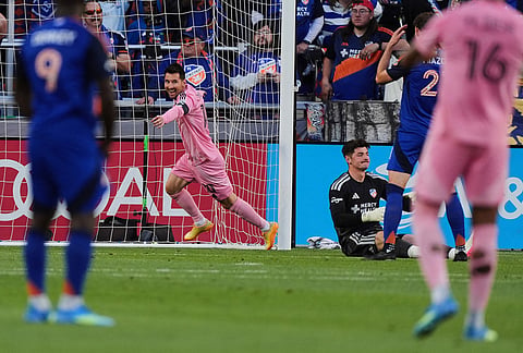 Inter Miami CF midfielder Lionel Messi reacts after scoring a goal during the first half of an MLS soccer game against FC Cincinnati, in Cincinnati.
