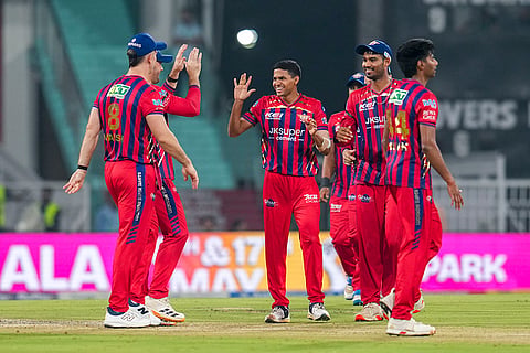 Lucknow Super Giants' Akash Singh, centre, celebrates with teammates after he dismisses Chennai Super Kings' Urvil Patel during an Indian Premier League (IPL) 2026 T20 cricket match between Lucknow Super Giants and Chennai Super Kings, in Lucknow, Uttar Pradesh.