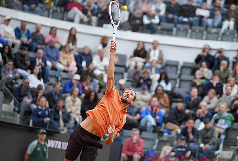 Daniil Medvedev serves a ball to Spain's Martin Landaluce, during their match at the Italian Open tennis tournament in Rome.