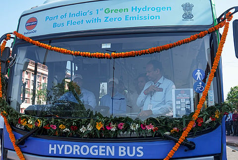 A hydrogen-powered shuttle bus service launched by the Delhi Metro Rail Corporation (DMRC) in collaboration with the Ministry of Housing & Urban Affairs and Ministry of Petroleum & Natural Gas at Central Vista area, in New Delhi.