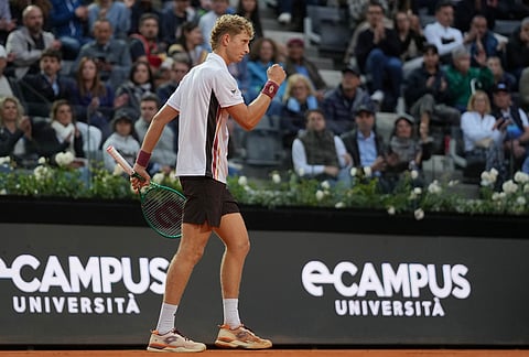 Spain's Martin Landaluce reacts as he plays Daniil Medvedev, during their match at the Italian Open tennis tournament in Rome.
