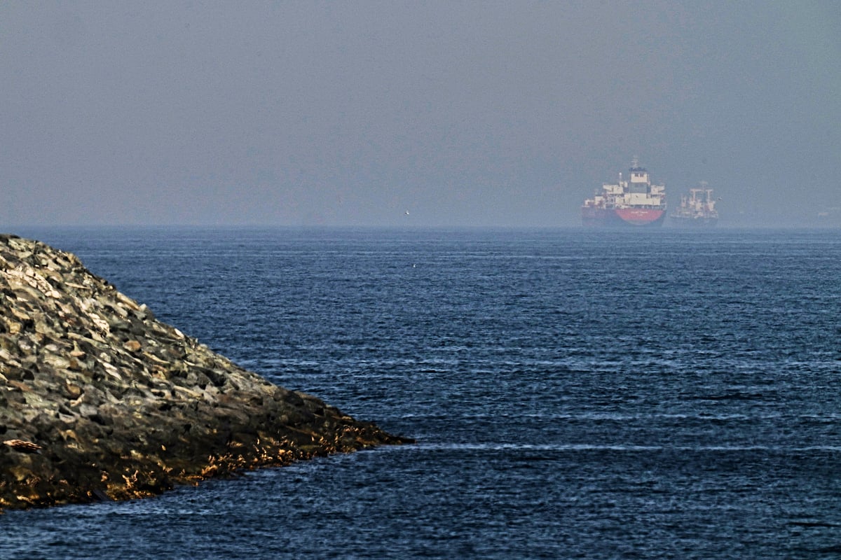 Cargo ships are seen at sea near the Strait of Hormuz, as viewed from a rocky shoreline near Khor Fakkan, United Arab Emirates - AP Photo/Fatima Shbair