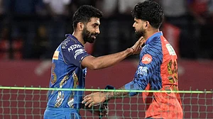 | Photo: AP/Ashwini Bhatia : Mumbai Indians' captain Jasprit Bumrah, left, greets Punjab Kings' captain Shreyas Iyer after the coin toss ahead of the Indian Premier League cricket match between Punjab Kings and Mumbai Indians in Dharamshala, India.