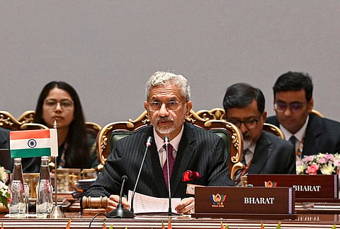 External Affairs Minister S Jaishankar addresses the third session of the BRICS Foreign Ministers’ Meeting 2026 at Bharat Mandapam, in New Delhi. 