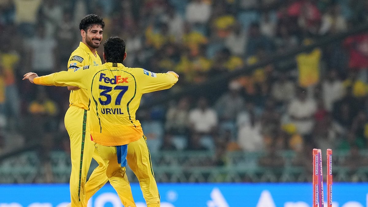Chennai Super Kings' Mukesh Choudhary, back, and Urvil Patel celebrate the wicket of Lucknow Super Giants' Mitchell Marsh during an Indian Premier League (IPL) 2026 T20 cricket match between Lucknow Super Giants and Chennai Super Kings, in Lucknow, Uttar Pradesh, Friday, May 15, 2026. - AP Photo/Arun Sharma