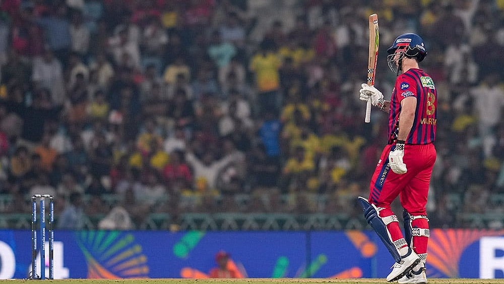 Lucknow: Lucknow Super Giants' Mitchell Marsh celebrates his half century during an Indian Premier League (IPL) 2026 T20 cricket match between Lucknow Super Giants and Chennai Super Kings, in Lucknow, Uttar Pradesh. - | Photo: PTI/Arun Sharma