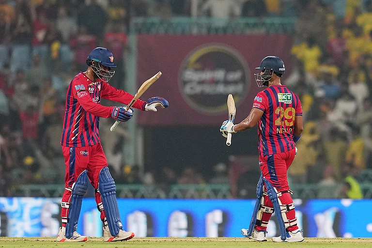 Lucknow Super Giants' Mukul Choudhary, left, and Nicholas Pooran celebrate after winning an Indian Premier League (IPL) 2026 T20 cricket match between Lucknow Super Giants and Chennai Super Kings, in Lucknow, Uttar Pradesh. - | Photo: PTI/Arun Sharma