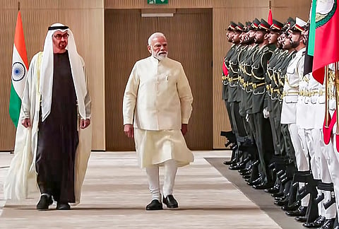 Prime Minister Narendra Modi with UAE President Sheikh Mohamed bin Zayed Al Nahyan during a ceremonial reception, in Abu Dhabi. 