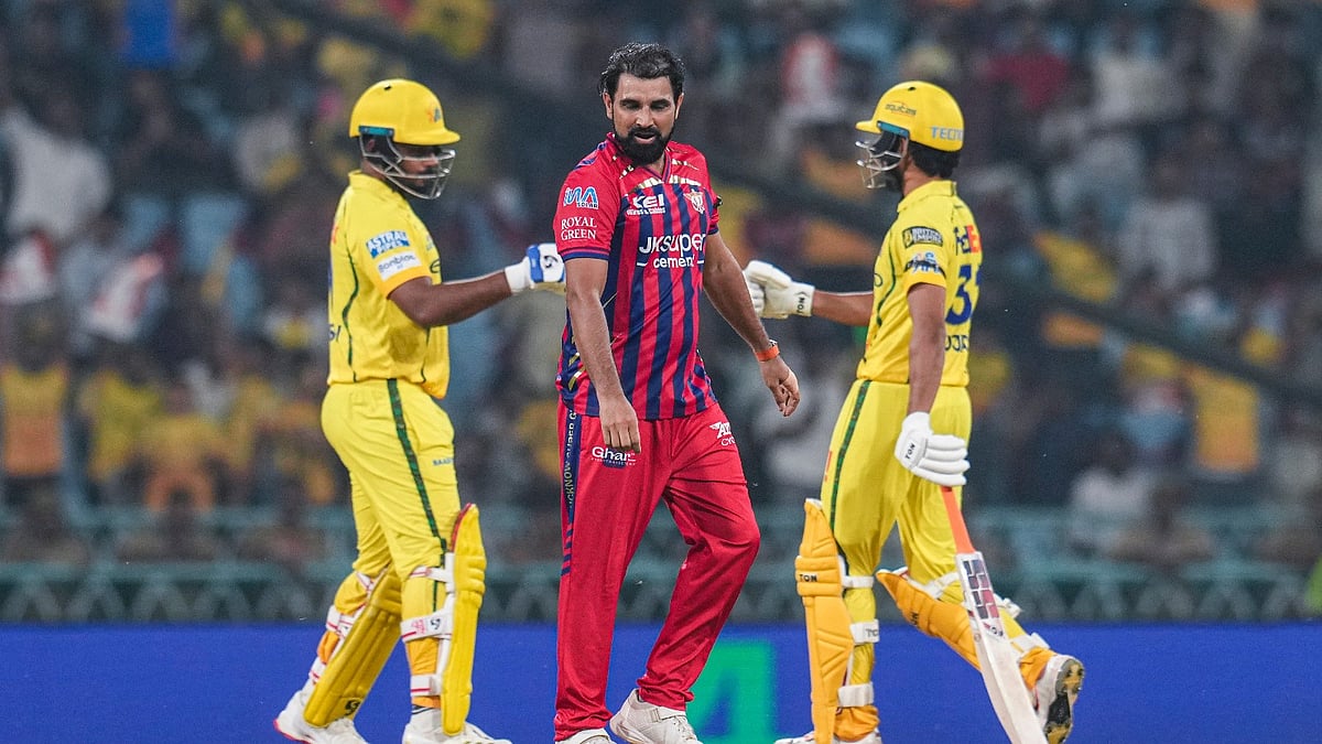 Sanju Samson hits Mohammad Shami for three fours in the first over to set the tone for CSK at the Ekana Cricket Stadium on Friday (May 15). - AP Photo