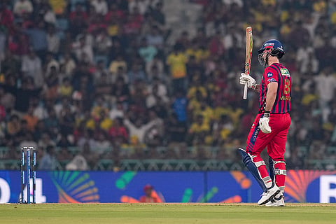 Lucknow: Lucknow Super Giants' Mitchell Marsh celebrates his half century during an Indian Premier League (IPL) 2026 T20 cricket match between Lucknow Super Giants and Chennai Super Kings, in Lucknow, Uttar Pradesh.