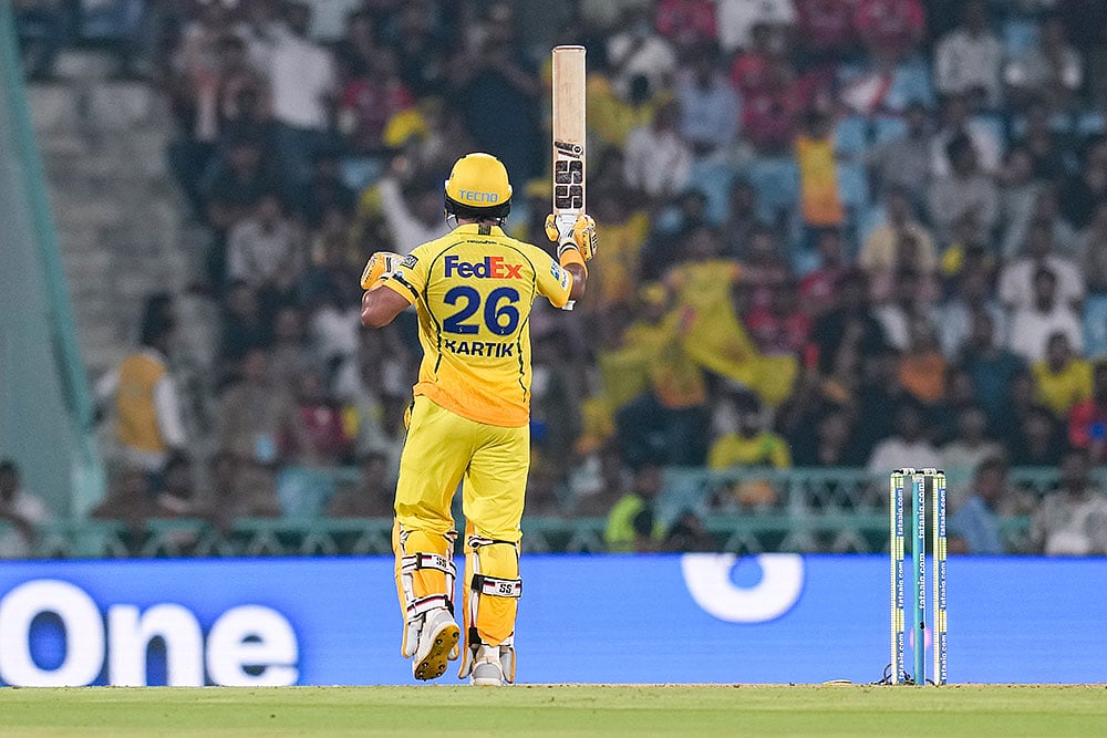 Chennai Super Kings Kartik Sharma celebrates his half century