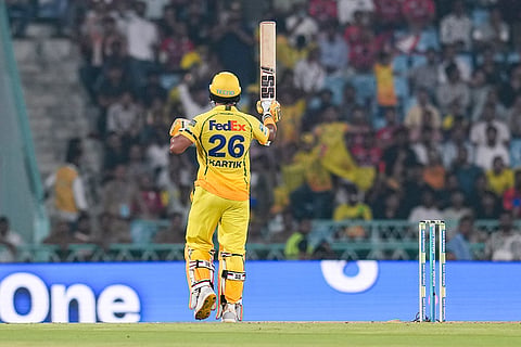 Chennai Super Kings' Kartik Sharma celebrates his half century during an Indian Premier League (IPL) 2026 T20 cricket match between Lucknow Super Giants and Chennai Super Kings, in Lucknow, Uttar Pradesh.