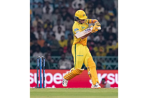Chennai Super Kings' Dewald Brewis plays a shot during an Indian Premier League (IPL) 2026 T20 cricket match between Lucknow Super Giants and Chennai Super Kings, in Lucknow, Uttar Pradesh.
