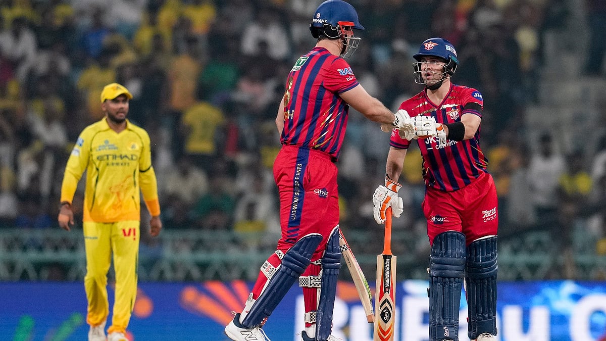Lucknow: Lucknow Super Giants' Mitchell Marsh, front left, and Josh Inglis greet each other between the wickets during an Indian Premier League (IPL) 2026 T20 cricket match between Lucknow Super Giants and Chennai Super Kings, in Lucknow, Uttar Pradesh, Friday, May 15, 2026. - AP Photo/Arun Sharma