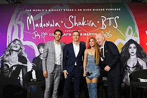 | Photo: AP/Heather Khalifa : From left, Kaká, Hugh Evans, Shakira, and FIFA President Gianni Infantino pose for a photo after a panel on the 2026 FIFA World Cup soccer tournament halftime show during the Global Citizen NOW summit in New York.