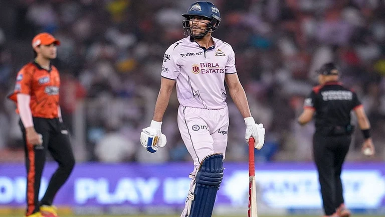 Gujarat Titans' captain Shubman Gill returns to pavilion after his dismissal by Sunrisers Hyderabad's Praful Hinge during an Indian Premier League (IPL) 2026 T20 cricket match between Gujarat Titans and Sunrisers Hyderbad, in Ahmedabad, Gujarat. - | Photo: PTI/Shahbaz Khan
