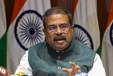 Union Education Minister Dharmendra Pradhan addresses a press conference on the NEET-UG 2026 re-examination issue, in New Delhi.