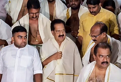 leader Ramesh Chennithala during his visit to Guruvayur Sri Krishna Temple, at Guruvayur, in Thrissur district, Kerala.