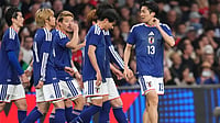 Japan At FIFA World Cup 2026: No Injured Kaoru Mitoma, Takumi Minamino - Check Who's In, Who's Out | Photo: AP/Kirsty Wigglesworth : Japan players celebrate scoring their side's first goal during the International friendly soccer match between England and Japan in London.