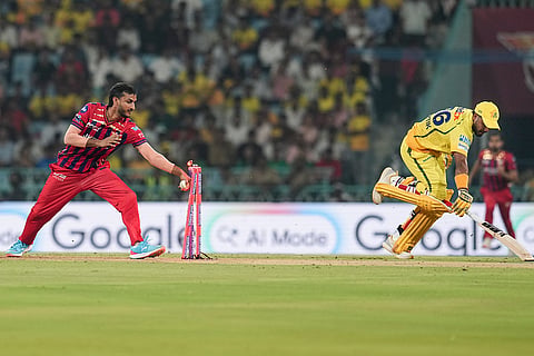 Chennai Super Kings' Kartik Sharma reaches the crease to save his wicket during an Indian Premier League (IPL) 2026 T20 cricket match between Lucknow Super Giants and Chennai Super Kings, in Lucknow, Uttar Pradesh.