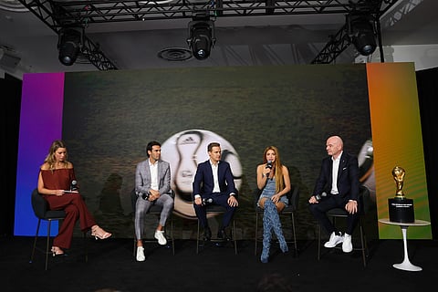Sharkira, second from right, is joined on a panel with, from second left, former Brazilian soccer start Kaká, Hugh Evans, and FIFA President Gianni Infantino on the 2026 FIFA World Cup soccer tournament halftime show during the Global Citizen NOW summit in New York.