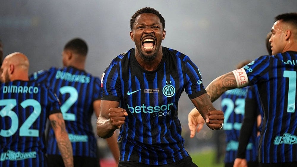 Inter Milan's Marcus Thuram celebrates after Lazio's Adam Marusic scored an own goal during the Italian Cup soccer final between Lazio and Inter Milan, in Rome. - Photo: AP/Andrew Medichini