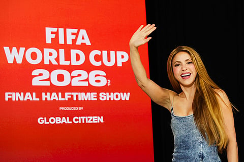 Shakira enters for a panel on the 2026 FIFA World Cup soccer tournament halftime show at the Global Citizen NOW summit in New York.