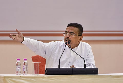 West Bengal Chief Minister Suvendu Adhikari addresses a press conference at Nabanna, in Howrah district, West Bengal.