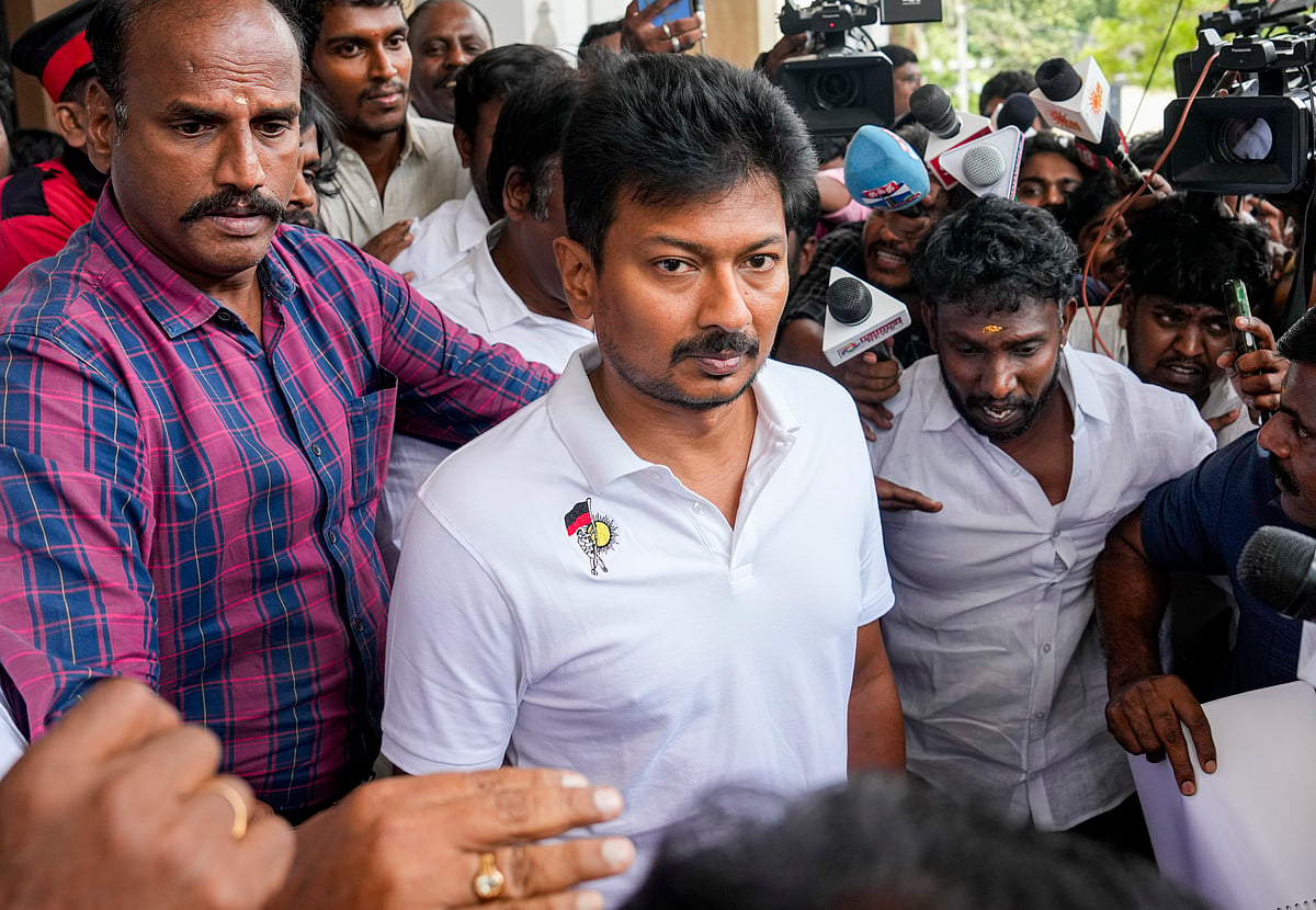 Leader of Opposition in the Tamil Nadu Legislative Assembly Udhayanidhi Stalin leaves after a meeting of the DMK's district secretaries, in Chennai - PTI