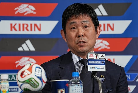 Hajime Moriyasu, head coach of Japan's national soccer team, speaks during a news conference announcing Japan's squad for the 2026 FIFA World Cup in Tokyo.