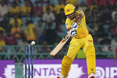 Chennai Super Kings' Sanju Samson plays a shot during an Indian Premier League (IPL) 2026 T20 cricket match between Lucknow Super Giants and Chennai Super Kings, in Lucknow, Uttar Pradesh.
