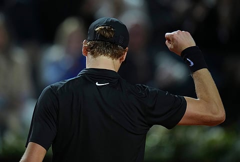 Italy's Jannik Sinner celebrates as he plays against Daniil Medvedev of Russia during their semifinal match at the Italian Open tennis tournament in Rome.