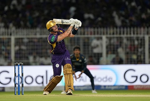Kolkata Knight Riders' Finn Allen plays a shot during the Indian Premier League cricket match between Gujarat Titans and Kolkata Knight Riders, in Kolkata.