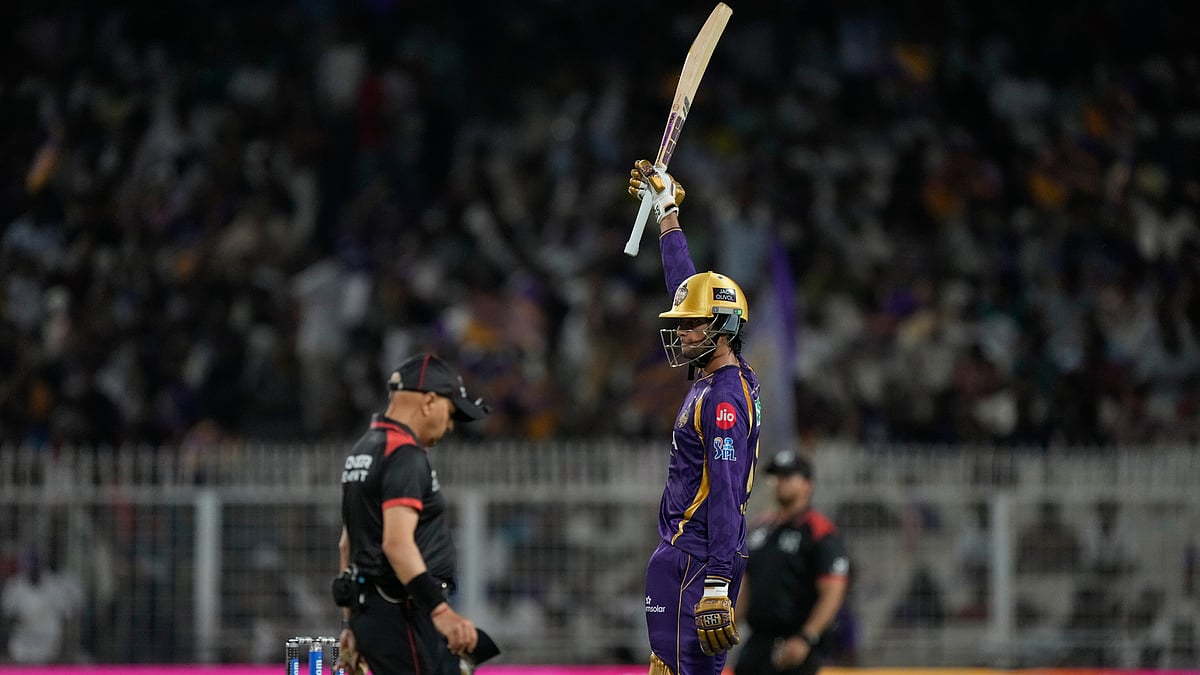 Kolkata Knight Riders' Angkrish Raghuvanshi celebrates his fifty runs during the Indian Premier League cricket match between Gujarat Titans and Kolkata Knight Riders, in Kolkata , India, Saturday, May 16, 2026.  - (AP Photo/Bikas Das)