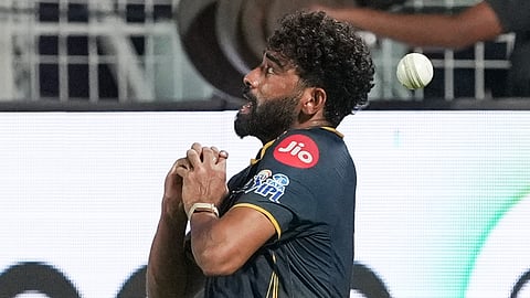 Mohammed Siraj drops a catch during the Indian Premier League match between Kolkata Knight Riders and Gujarat Titans in Kolkata.