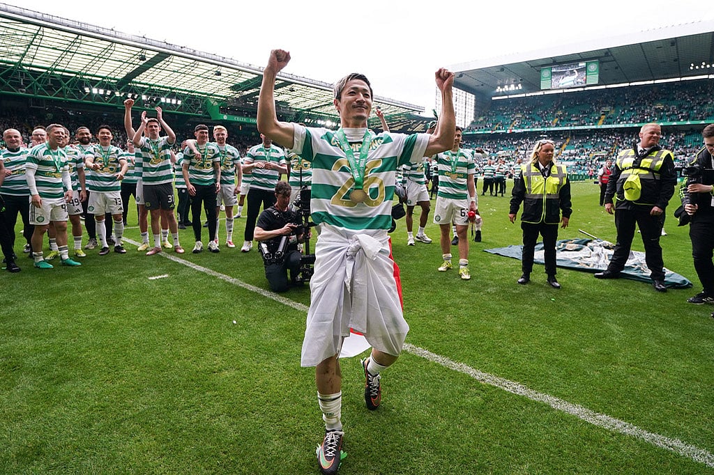 Celtic's Daizen Maeda celebrates following the Scottish Premier League soccer match against Heart of Midlothian in Glasgow, Scotland. - | Photo: Andrew Milligan/PA via AP