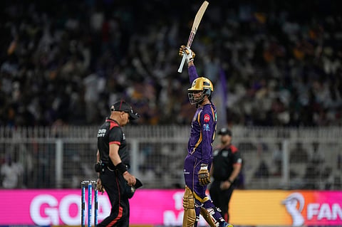 Kolkata Knight Riders' Angkrish Raghuvanshi celebrates his fifty runs during the Indian Premier League cricket match between Gujarat Titans and Kolkata Knight Riders, in Kolkata.